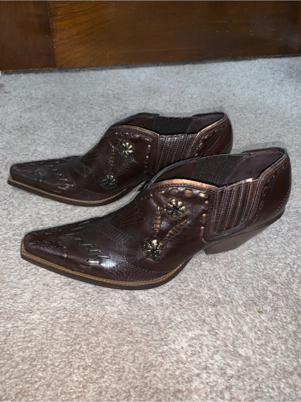 BCBGirls Brown Embossed Western Ankle Booties with Stud Accents - Picture 3 of 7